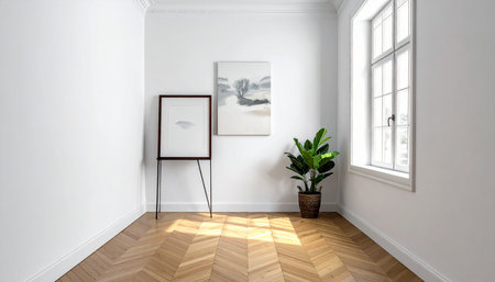 Interior of a modern room with white walls, parquet and wooden floorの素材