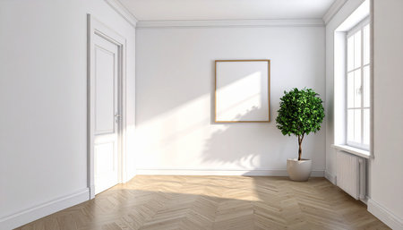 Empty room with white walls, wooden floor and window. 3d renderの素材