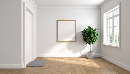 Empty room with white walls, wooden floor and a plant - renderingの素材