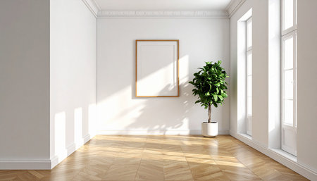 Modern bright interiors apartment with mockup poster frame 3D rendering illustrationの素材