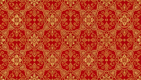 Seamless pattern of gold floral ornament on a red background.の素材