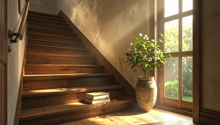 3d render of interior room with wooden stairs and flower vaseの素材