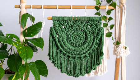 Handmade knitted macrame macrame hanger with green leavesの素材