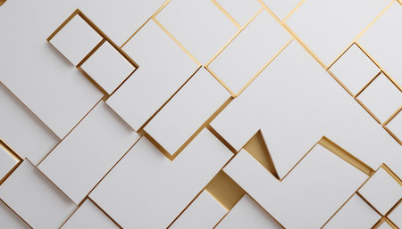 Abstract 3d rendering of geometric shapes. White background with golden lines.の素材