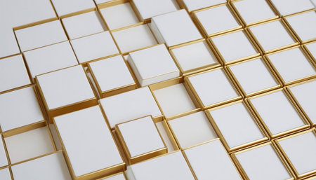 3d rendering of abstract geometric shape made of golden cubes in empty spaceの素材