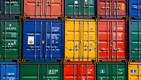 Colorful containers stacked on each other in a container terminal, close-upの素材