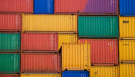 Colorful cargo containers stacked in a large container terminal. Industrial backgroundの素材
