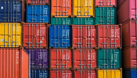 Colorful cargo containers stacked in a row. Freight transportation backgroundの素材