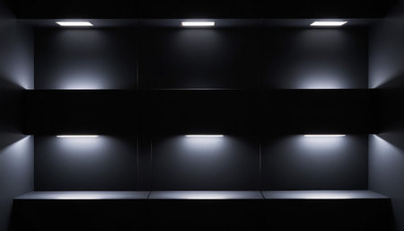 Empty black shelf with spotlights, 3d rendering. Computer digital drawing.の素材