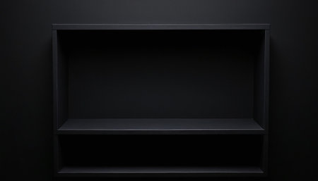 Empty black shelf on black wall. 3d render illustration mock upの素材