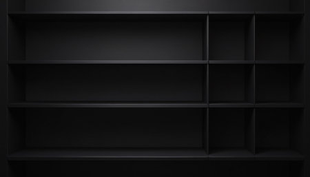 3d render of empty black bookshelf. Dark background.の素材