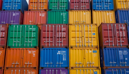 Cargo containers stacked in the port of Rotterdam, Netherlandsの素材