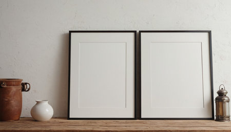 Blank picture frames on wooden table in room. Mockup for designの素材