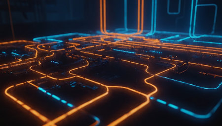 Futuristic circuit board with glowing neon lines, 3d renderingの素材
