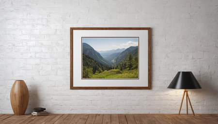 Modern bright interiors apartment with mockup poster frame 3D rendering illustrationの素材