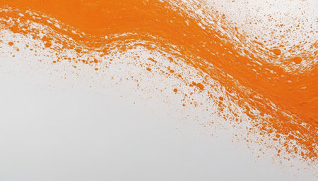 Orange paint splashes on white paper background. Copy space for text.の素材