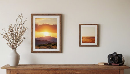 Interior of a living room with photo frames and a retro cameraの素材