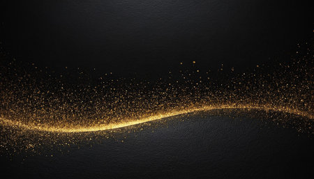 Abstract gold glittering wave on black background. 3d render illustrationの素材