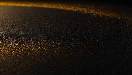Gold glitter texture abstract background. Golden glitter lights on black background.の素材
