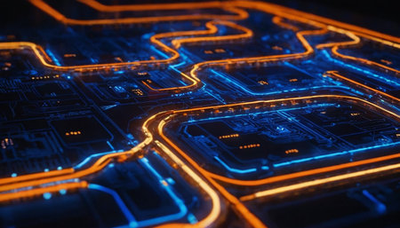 Circuit board with glowing lines. 3d rendering toned imageの素材