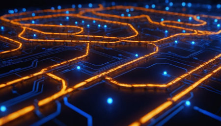Circuit board with glowing lines. Technology background. 3d renderingの素材
