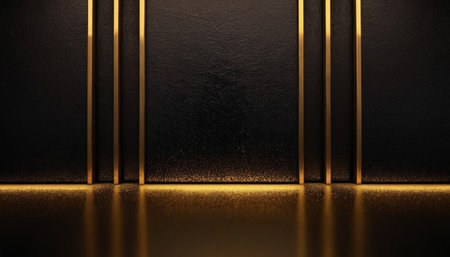 Black background with golden lines. 3d rendering, 3d illustration.の素材