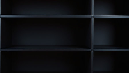 3d rendering of empty black bookcase or shelf in a dark roomの素材