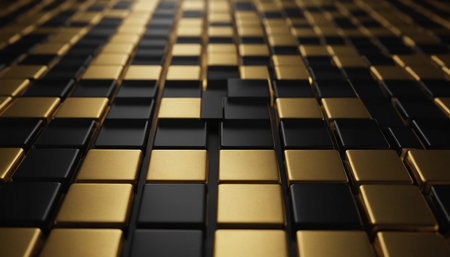 3D rendering of abstract metallic cubes background in black and gold colorsの素材