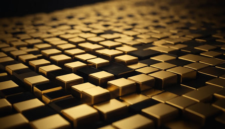 Abstract golden cubes background, 3d render illustration, square shape.の素材