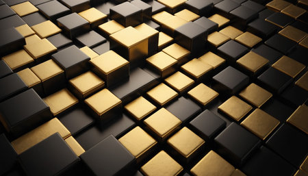 Abstract 3d rendering of golden cubes background. Creative design concept.の素材