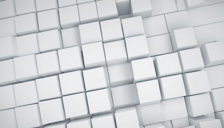 Abstract 3d rendering of chaotic white cubes background. Reflective surface with random size blocks.の素材