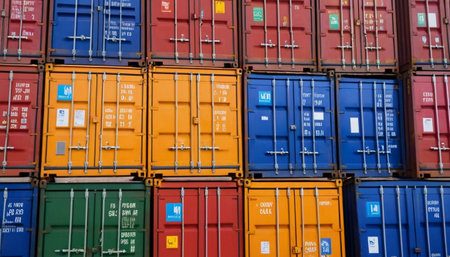 Cargo containers are stacked in a large cargo container terminal. Logistics and transportation of goods.の素材