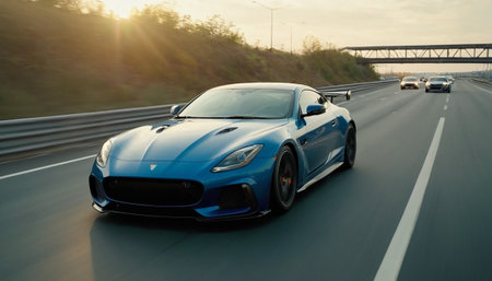 Blue sport car on the road in the rays of the setting sunの素材