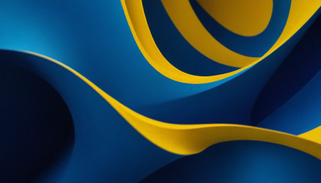 3d render of blue and yellow abstract background with curved lines.の素材