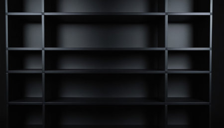 3d render of empty black bookcase with shelves in dark roomの素材