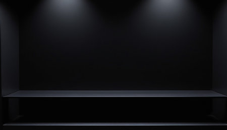 Empty black shelf with spotlights, 3d rendering. Computer digital drawing.の素材