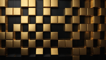 Abstract 3d rendering of golden cubes background. Reflective surface pattern.の素材