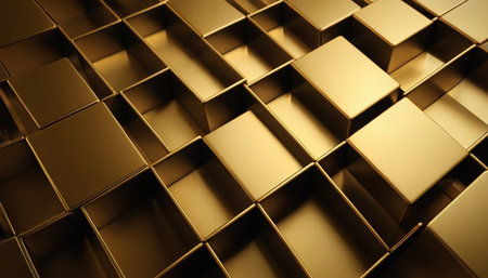 3d rendering of golden metallic cubes in empty space. abstract backgroundの素材