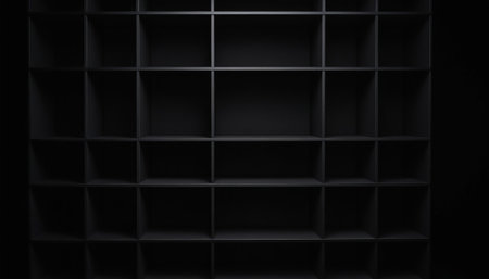Empty black shelves on dark wall background. 3d render illustration.の素材