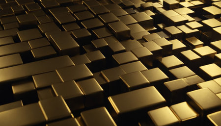 3d rendering of golden metallic cubes background. Reflective surface.の素材