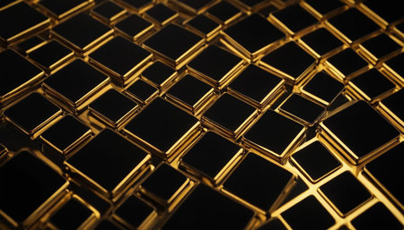 3d rendering of golden metallic hexagons on black background. Computer digital drawing.の素材