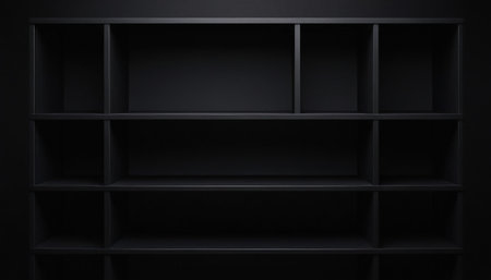 Empty black bookshelf on dark wall background. 3d renderingの素材