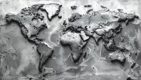 The world map on the surface of the gray concrete. Abstract background.の素材