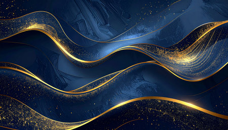 Abstract wavy blue background with gold lines. 3d vector illustrationの素材