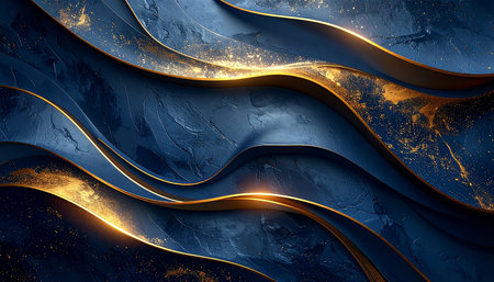 Blue abstract background with golden lines. 3d rendering, 3d illustration.の素材