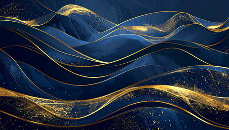 Abstract blue background with golden lines and waves. Vector Illustration.の素材