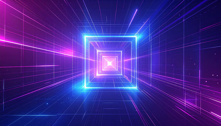 Neon tunnel with glowing lines. Futuristic background. Vector illustration.の素材