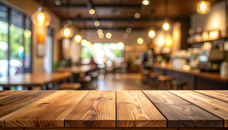 Empty wood table and Coffee shop blur background with bokeh image.の素材