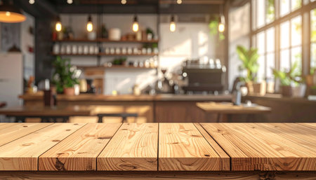Empty wooden table and Coffee shop blur background with bokeh image. For product displayの素材