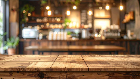 Empty wooden table and Coffee shop blur background with bokeh image.の素材